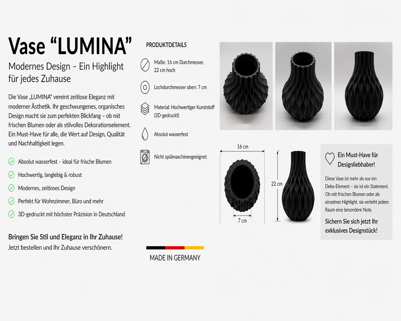 Moderne Vase „LUMINA B“ | 3D gedruckte Blumenvase | Wasserdicht | Minimalistische Deko | Wohnzimmer Design | Geschenkidee | Made in Germany – Bild 2