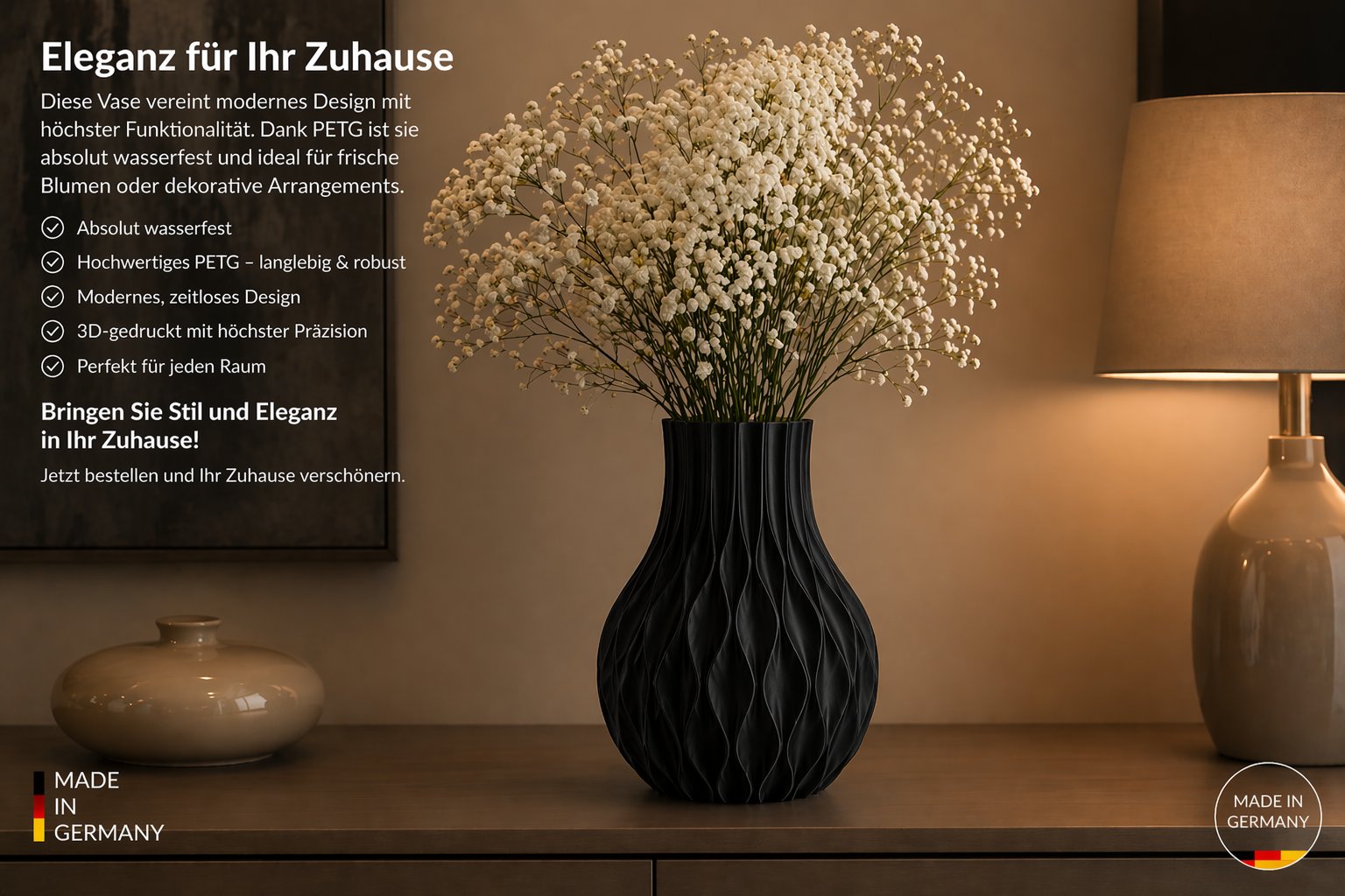 Moderne Vase „LUMINA B“ | 3D gedruckte Blumenvase | Wasserdicht | Minimalistische Deko | Wohnzimmer Design | Geschenkidee | Made in Germany – Bild 4