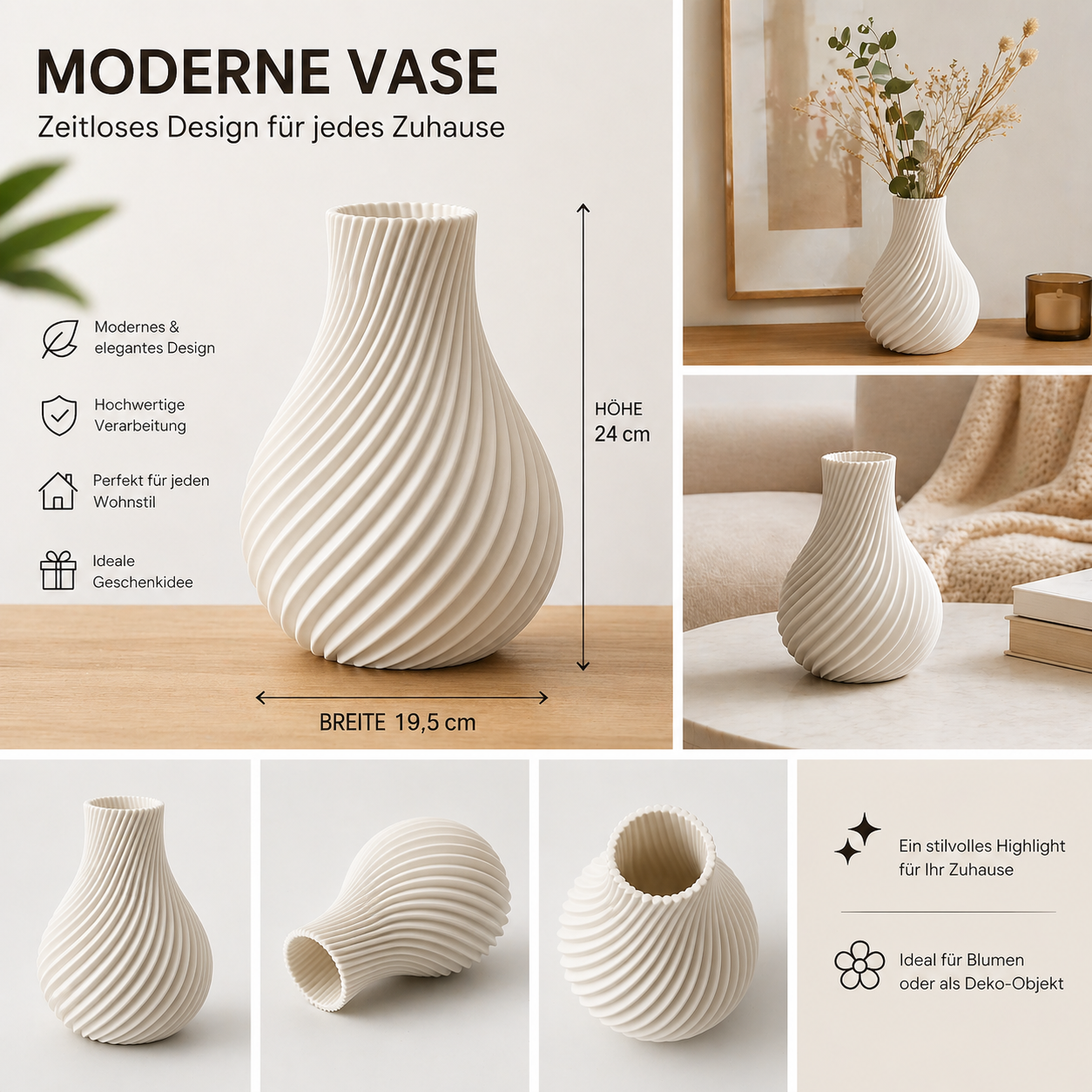 Moderne Vase ALMA – 3D Gedruckt aus PLA Biokunststoff, Wasserdicht – Minimalistische Design für frische & Trockenblumen (24cm) – Bild 2