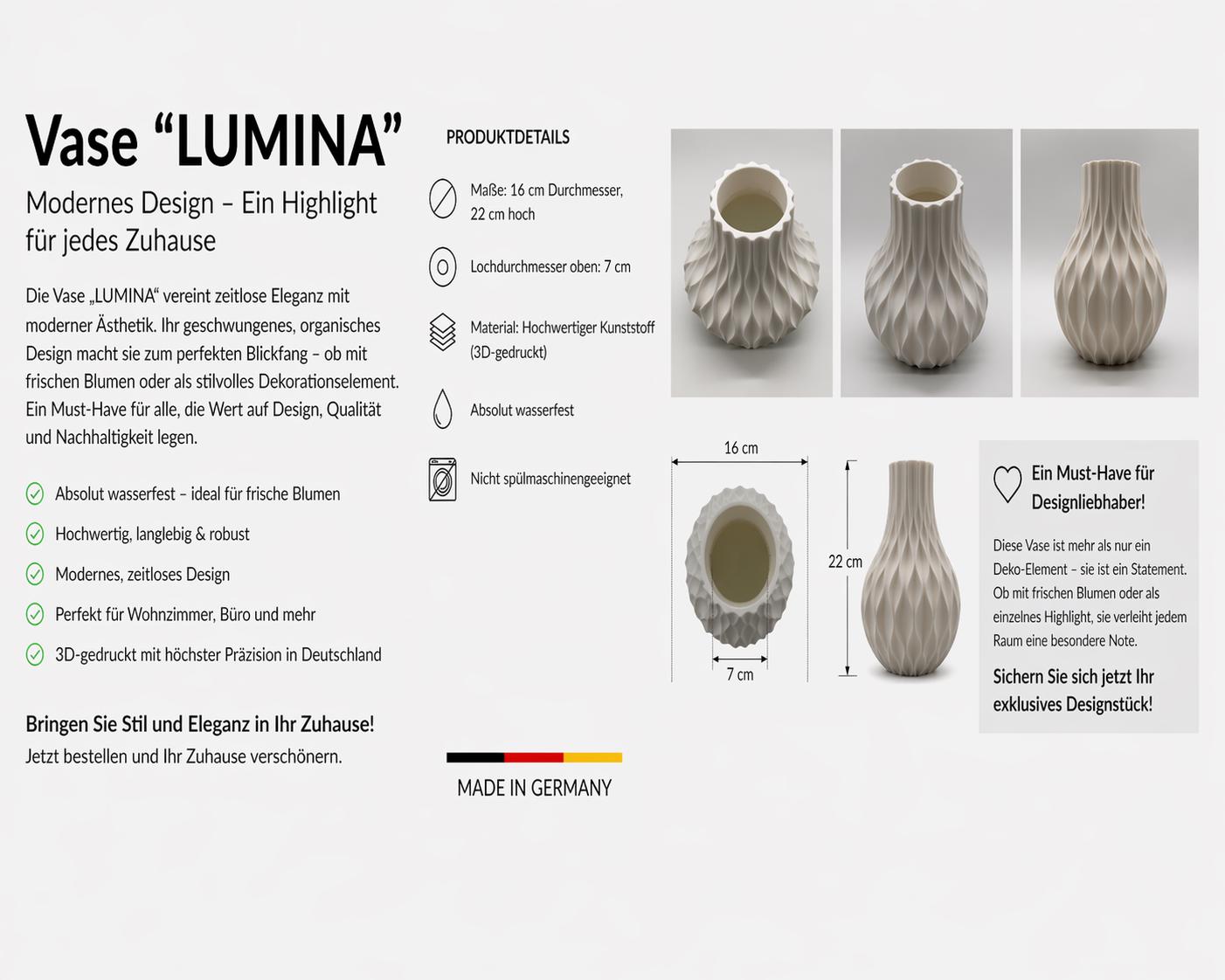 Moderne Vase „LUMINA“ | 3D gedruckte Blumenvase | Wasserdicht | Minimalistische Deko | Wohnzimmer Design | Geschenkidee | Made in Germany – Bild 2
